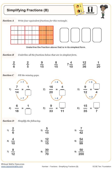 This educational worksheet delves into the essential skill of simplifying fractions. Learners will grasp the concept by dividing both the numerator and denominator with a shared factor. By practicing this technique, students can enhance their understanding of fractional operations and boost their mathematical proficiency significantly. Ideal for reinforcing classroom learning or for independent study at home, this worksheet offers a structured approach to mastering fraction simplification. Dive Year 9 Maths Worksheets, Ks3 Maths Worksheets, Year 8 Maths Worksheets, Ks1 Maths Worksheets, Year 6 Maths Worksheets, Year 2 Maths Worksheets, Year 5 Maths Worksheets, Year 7 Maths Worksheets, Year 4 Maths Worksheets