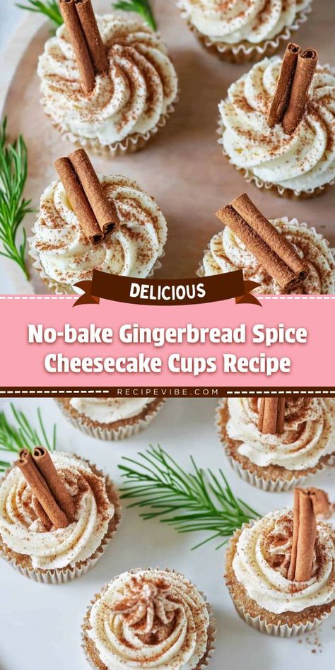 Craving a holiday dessert that’s both easy and impressive? Our No-bake Gingerbread Spice Cheesecake Cups are a must-try for any Christmas dinner! With rich flavors of gingerbread and cheesecake, they’re sure to delight. Save this recipe for your holiday festivities! No Bake Gingerbread Latte Cheesecake, Gingerbread Cheesecake Cups, Ginger Bread Cheesecake Recipes, Easy Gingerbread Cheesecake, Christmas Cheesecake Mini, Gingerbread No Bake Cheesecake, Ginger Bread Desserts, Christmas Cheesecake Cups, Gingerbread Desserts Easy