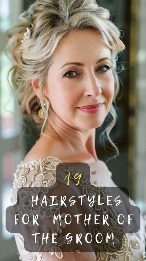 Step up as the chic mother of the groom with these 19 elegant hairstyles. Click to explore glamorous and sophisticated looks perfect for the big day! 🌹✨ #WeddingHairstyles #MotherOfTheGroom #ElegantHair #SpecialOccasion #HairGoals Mother Of The Bride Hair Updo Messy Buns, Nail Ideas For Mother Of The Groom, Updo Hairstyles For Mother Of The Groom, Mother Of The Groom Hairdos, Up Dos For Mother Of The Groom, Wedding Hairstyles Mob, Makeup Mother Of The Groom, Wedding Hairstyles For Mom Of Groom, Wedding Hairstyles With Bangs Medium