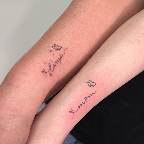 Dainty Tattoos For Mom And Daughter, Fine Line Tattoo Mother, Fine Line Mom Tattoo, Tattoo Ideas For Mom And Daughter, Daughter Name Tattoos For Mom, Matching Tattoos For Mom And Daughter, Fine Line Name Tattoo, Matching Mom And Daughter Tattoos, Mom And Daughter Tattoos Matching