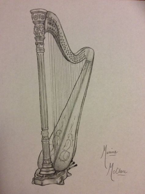 I love drawing harps... Harp Sketch, Music Instruments Drawing, Harp Drawing, Instrument Drawing, Instruments Drawing, Drawing Music, A Level Art Sketchbook, Drawing Pictures, I Love Drawing