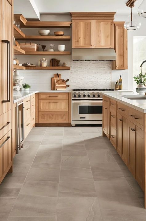 This post shows you the best kitchen flooring ideas with honey oak cabinets! Seeking a modern twist for your oak cabinet kitchen? Embrace the beauty of oak cabinets and find the perfect blend of tradition and contemporary flair for your kitchen. Best Kitchen Flooring, Oak Cabinet Kitchen, Warm Kitchen Colors, Modern Oak Kitchen, Light Oak Cabinets, Brown Kitchen Ideas, Natural Wood Kitchen Cabinets, Dining Designs, Kitchen Modern Farmhouse