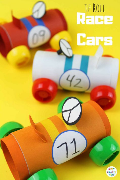 Paper Tube Racing Cars - Craft Ideas for Kids - A cool car craft for kids using the humble toilet tube! #kidscraft Junk Modelling Transport Eyfs, Junk Modelling For Kids, Cars Craft, Junk Modelling, Car Craft, Fun Crafts To Do, Easy Arts And Crafts, Toilet Paper Roll Crafts, Paper Roll Crafts