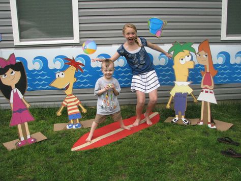 Backyard beach, Phineas and Ferb cut outs... Phineas And Ferb Decorations, Phineas And Ferb Birthday Party, Phineas And Ferb Birthday, Phineas Y Ferb, Suit Costume, Backyard Beach, School Learning, Dinner And A Movie, Back To School Party