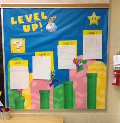 Level Up Board in Action! | Mrs. Brosseau's Binder Employee Appreciation Board, Up Bulletin Board, Super Mario Characters, Bulletin Boards Theme, Math Bulletin Boards, Middle School Literacy, Up Board, Middle School Writing, Elementary Classroom Decor