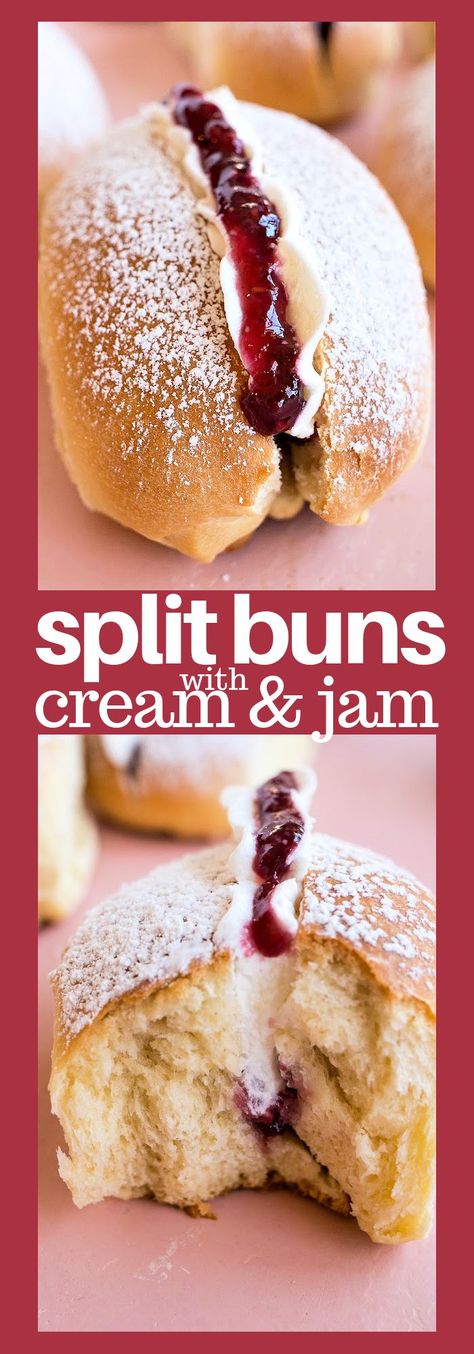 Soft, enriched buns are split in half and stuffed with raspberry jam and fresh whipped cream. Are they dessert? Are they breakfast? They taste so good you’ll eat them whenever! #recipe #buns #dessert #brunch #holidays #easter #jam #whippedcream #baked #dough #splitbuns Fresh Whipped Cream, Cloud Bread, Raspberry Jam, Best Dessert Recipes, Best Breakfast, Naan, Us Foods, Brunch Recipes, Fun Desserts