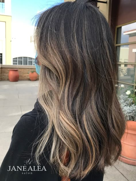 Partial Highlight On Dark Hair, Dark With Lowlights, Partial Balyage Long Hair Brunettes, Partial Foil Highlights Dark Hair, Grown Out Brunette Balayage, Half Foil Highlights Brunettes, Brunette With Partial Highlights, Foils For Dark Hair, Brunette Partial Highlights