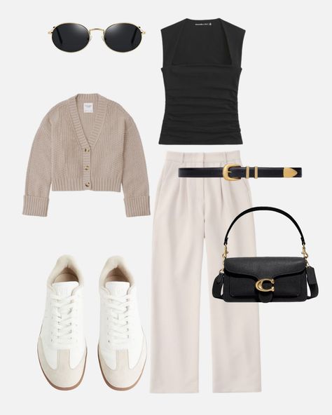 This look features a sleek black top paired with classic cream trousers and a cozy beige cardigan. Complete with white sneakers for comfort, a stylish black belt, and a matching black handbag. Don’t forget the sunglasses to add a touch of glam! #OOTD #CasualStyle #FashionInspo #effortlesselegance #instadaily #instalike #abercrombie #zara #coach #celine #trousers #casual Cream Trousers Outfit Casual, Celine Trousers, Cream Trousers Outfit, Black Belt Outfit, Trousers Outfit Casual, Black Top Outfit, White Tops Outfit, Cream Trousers, Cream Jeans