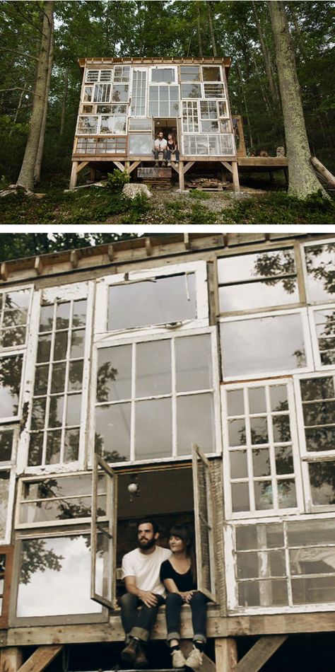 Cabin built for $500 with re-purposed windows in the mountains of West Virginia (with probably very little energy efficiency, but hey, it's pretty). Recycled Windows, Glass Cabin, Old Windows, Photo Style, Cabin In The Woods, Garden Cottage, Window Wall, Cabins In The Woods, Pinterest Marketing