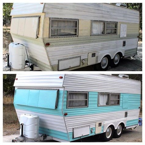 Camper repaint, before and after. Craft Camper, Camper Painting, Small Travel Trailer Remodel, Cabover Camper, Small Camper Interior, Small Travel Trailer, Vintage Trailer Remodel, Diy Caravan, Shasta Trailer