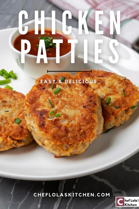 This picture shows chicken patties with a dip on the side. Leftover Chicken Patties Recipes, Diced Chicken Patties, Fried Ground Chicken Patties, Chicken Patties Dinner Ideas, Chicken Patties Recipes, Ground Chicken Patties, Chicken Patty Recipes, Turkey Pieces, Chicken Croquettes