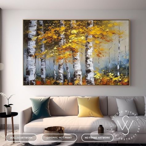 Original Birch Tree Oil Painting On Canvas, Yellow Autumn Birch Forest Landscape Painting, Birch Tree Landscape Art For Living Room Wall Art Bring the beauty of the outdoors into your living space with this original tree oil painting on canvas. The birch tree landscape art captures the essence of a yellow autumn birch forest, with its captivating blend of Bee Yellow, Mineral Green, and Silver hues. The silver tree wall art adds a touch of elegance to your living room, creating a serene and inviting atmosphere. This nature-inspired piece is perfect for complementing various interior design styles and is sure to become a cherished focal point in your home. ⦿ 100% original, hand-painted tree oil painting on canvas, featuring a birch tree landscape. ⦿ Rolled canvas art shipped in a mailing tub Abstract Painting Birch Trees, Fall Wall Art Acrylic, Paint Birch Trees Tutorial, Birch Tree Landscape, Tree Landscape Art, Forest Landscape Painting, Birch Trees Landscaping, Boom Kunst, Tree Oil Painting