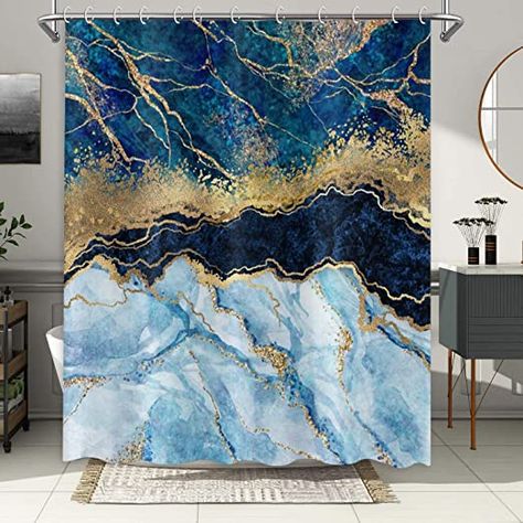 Blue And Gold Marble, Marble Shower Curtain, Curtains For Bathroom, Retro Shower Curtain, Marble Showers, Abstract Shower Curtain, Shower Curtain Sizes, Modern Shower Curtains, Decor Baie