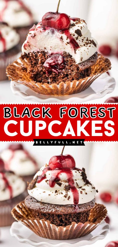 Featuring chocolate cupcakes with cherry filling, cherry liqueur, a whipped cream frosting, and a cherry on top, these Black Forest Cupcakes are rich, decadent, and incredible in taste and texture! Forest Cupcakes, Black Forest Cupcakes, Moist Chocolate Cupcakes, Cobbler Recipes Easy, Chocolate Cupcakes Moist, Easy Cupcake Recipes, Cherry Liqueur, Favorite Recipes Chicken, Cherry Filling