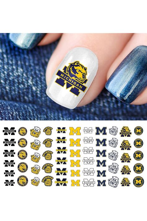 Sports Team for Michigan , MI College Waterslide Nail Art Decals - Salon Quality! University Of Michigan Nails, Michigan Wolverine Nails, Michigan Wolverines Nail Designs, Nail License, Wolverine Nails, Michigan Wolverines Shirts Vinyl, College Nails, Football Nail Designs, Light Colored Nails