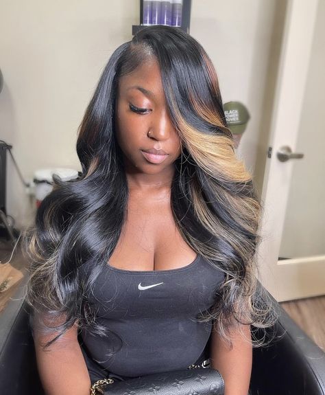 Sewin Hairstyles Side Part, Hairstyle Sew In Black Women, Middle Part Traditional Sew In With Curls, Sew In Hairstyles Side Part Body Wave, Side Part Closure Sew In With Highlights, Ombre Sew In With Leave Out, Natural Sew In With Leave Out Body Wave, Side Part Sew In Color, Ombre Side Part Sew In