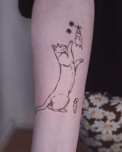 Studio Ghibli Cat Tattoo, Cat Returns Tattoo, The Cat Returns Tattoo, White Cat Tattoo, Ghibli Cat, Ghibli Tattoos, Patchwork Tattoos, Kitty Tattoo, Tattoo Moon