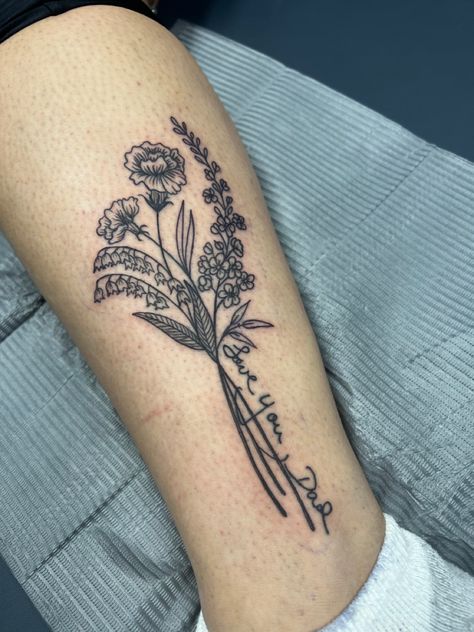 Lily Of The Valley Memorial Tattoo, Larkspur And Marigold Tattoo, Lily Of The Valley And Marigold Tattoo, Marigold And Lily Of The Valley Tattoo, Carnation And Lily Of The Valley Tattoo, Larkspur Flower Tattoos, Aster Tattoo, Larkspur Tattoo, Marigold Tattoo