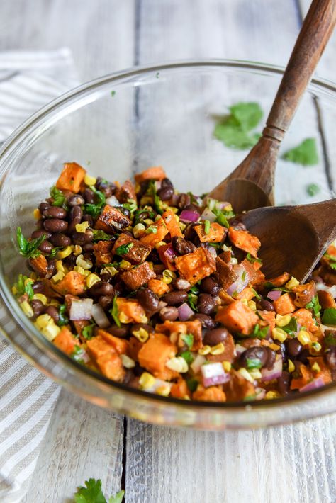 Dinner Recipes Sweet Potato, Sweet Potato Black Bean Salad, Chickpea Feta Salad, Recipes Sweet Potato, Veggie Salads, Black Beans And Corn, Black Bean Salad Recipe, Sweet Potato And Black Bean, Easy Macaroni Salad