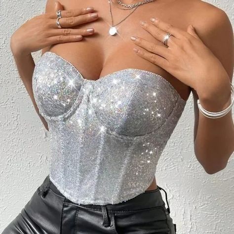 Silver Casual Womens Sequin Bustier Crop Tube Top Eras Tour Costume Ideas, Coldplay Concert Outfit Ideas, Pearlcore Aesthetic, Butterfly Cosplay, Coldplay Concert Outfit, New Year Eve Outfit, Engagement Party Attire, Becky Hill, Sequin Bustier