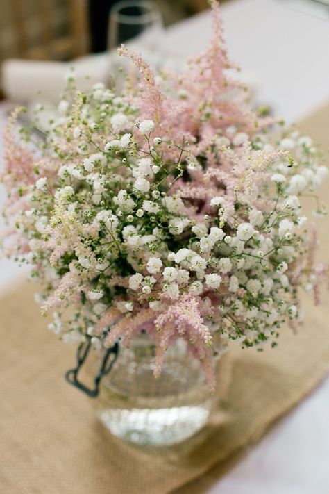 Gyposophia Astilbe Hessian Jar Flowers Centrepiece Table Decor  Pretty DIY Pink Village Hall Countryside Wedding http://www.jobradbury.co.uk/ Wedding Flower Table Decorations, Jar Flowers, Flower Table Decorations, Deco Rose, Babies Breath, Wedding Table Flowers, Countryside Wedding, בר מצווה, Whimsical Wonderland Weddings