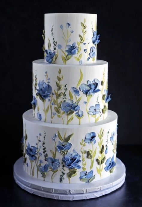 Something Blue Wedding Cake, White Cake Blue Flowers, Periwinkle Wedding Cake, White Cake With Blue Flowers, Wedding Cake Blue And White, Blue Flowers Cake, Rectangle Cake Designs, Wedding Cake Designs Blue, Beaufort Wedding