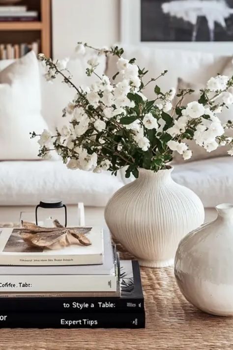 Stylish coffee table featuring decorative elements, plants, and books to inspire decorating ideas. Pin showcases tips for enhancing living room aesthetics using effective coffee table styling. Round Coffee Table Centerpiece Ideas, Simple Coffee Table Decor, Coffee Table Plant, Style A Coffee Table, Books Artwork, Coffee Table Plants, Cozy Living Room Design, Pumpkin Arrangements, Color Coordination