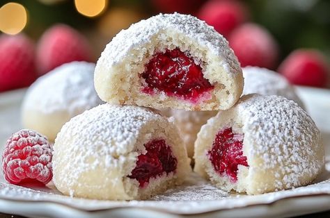 Raspberry Filled Almond Snowball Cookies Almond Snowball Cookies, Snow Cookies, Christmas Baking Cookies, Raspberry Cookies, Flan Recipe, Raspberry Almond, Snowball Cookies, Filled Cookies, Raspberry Filling