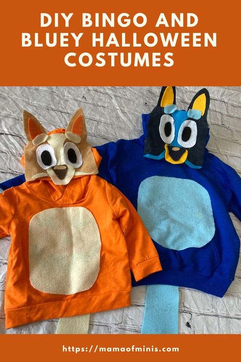 DIY Bingo and Bluey Halloween Costumes Bingo Costume Halloween, Bluey Family Costume Ideas, Easy Diy Bluey Costume, Diy Bluey Mask, Bluey Bingo Mask, Blue And Bingo Costume, Diy Bingo And Bluey Costume, Easy Cricut Halloween Costumes, Bluey Bingo Costume