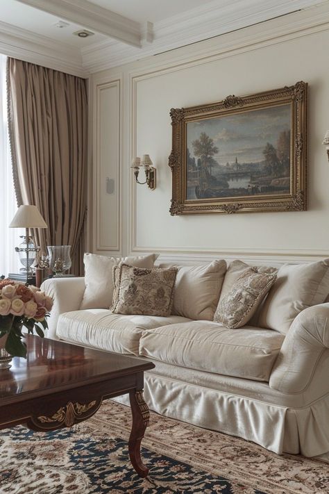 29 Timeless Decor Living Room Ideas for Classic Elegance 28 Living Room Old Money Aesthetic, Vintage Chic Living Room, Classicism Interior, Diy Wall Sconces, French Living Room Decor, Cream Living Room, Fall Bedroom Ideas, Hanging Tea Lights, Salas Living Room