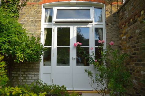 Edwardian French doors in Wimbledon Victorian Patio Doors, Edwardian Renovation, Studio Conversion, French Doors With Sidelights, External French Doors, Wood French Doors, Doors Kitchen, French Door Curtains, French Doors Exterior