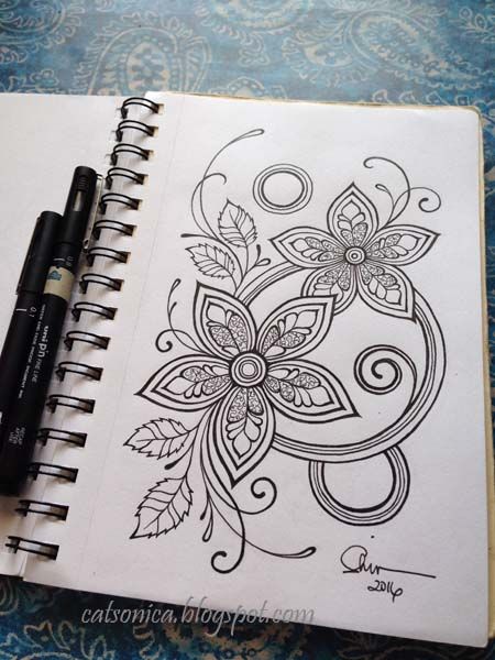 Stilasi Flora, Notebook Embroidery, Henna Doodles, Henna Doodle, Butterfly Stitch, Cool Tattoo Drawings, Ink Doodles, Beautiful Flower Drawings, Design Pattern Art