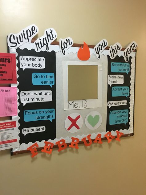 February board!! Self love, tinder. College RA, made with a mirror! My residents LOVED IT. February Bulletin Board Ideas College, Ra Board Themes, Ra Community Building Programs, February Ra Bulletin Boards, Self Love Bulletin Board, Ra Programs Ideas, Ra Programs, Dorm Bulletin Boards, Res Life Bulletin Boards