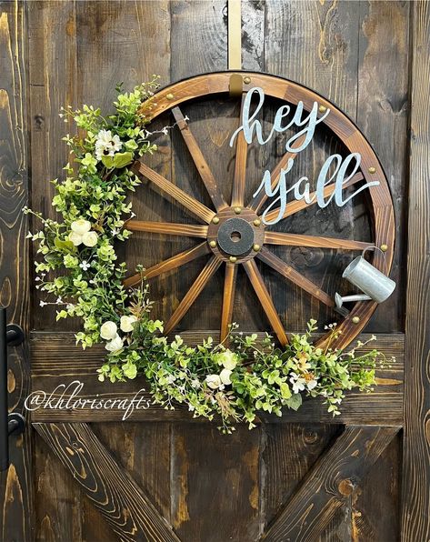 Hey Yall Farmhouse Wagon Wheel Wreath, Farmhouse Country Wreath, Everyday Wreath, Spring Summer Wreath, Wreath for Front Door, Wall Decor Wheel is 24 inches in diameter. Wagon Wheel Wreath, Antique Wagon Wheels, Wheel Crafts, Wagon Wheel Decor, Wheel Wreath, Burlap Flower Wreaths, Spring Summer Wreath, Boho Wreath, Old Wagons