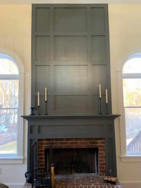 Above Fireplace Accent Wall, Fireplace With Waynes Coating, Fireplace With Trim To Ceiling, Fireplace Wall Paneling, Fireplace Wood Accent Wall, Decorating Tall Fireplace Wall, Panel Accent Wall Fireplace, Board And Barton Fireplace, Fireplace With Tall Ceilings