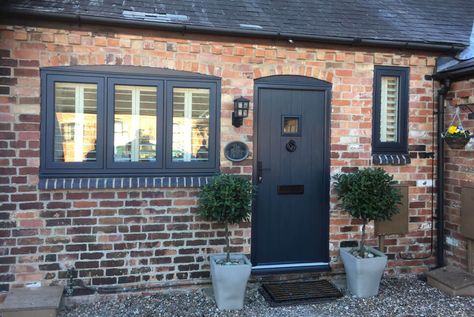 Exterior Black Windows, Anthracite Grey Windows, Black Windows Exterior, Exterior Door Colors, Cottage Front Doors, Brick Cottage, House Front Door Design, Cottage Windows, Composite Doors