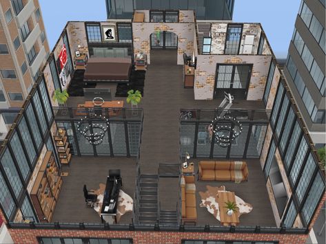 Easy penthouse layout with mezzanine to create a modern loft #simsfreeplay #interiordesign #layout Sims 4 Penthouse Layout, Sims Penthouse Layout, Sims 4 Fountainview Penthouse Layout, Sims Freeplay Penthouse Ideas, Sims Freeplay Penthouse, Penthouse Sims 4, Mezzanine Ideas, Penthouse Layout, Croquis Architecture