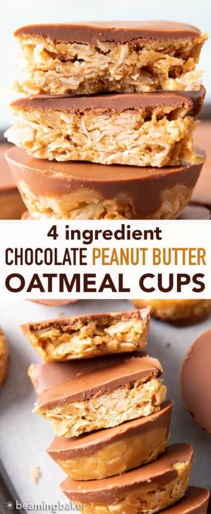 4 Ingredient No Bake Chocolate Peanut Butter Oatmeal Cups - Beaming Baker Peanut Butter Oatmeal Cups, Pb Oatmeal, Beaming Baker, Chocolate Peanut Butter Oatmeal, Healthy Peanut Butter Cups, Healthy Peanut Butter Cookies, Peanut Butter Oats, Peanut Butter Granola, Reeses Cups