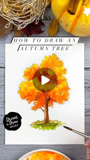 DRAWING TUTORIALS🔹WATERCOLOR🔹SKETCHING on Instagram: "Let’s draw an autumn tree today🍁☺️  🧡 Also try my free demo lesson via the link in my BIO👉 @dreamanddraw.school   ⭐️If you like such videos please press ❤️ and subscribe☺️  Share your sketch on Instagram with the hashtag #dreamanddrawschool and tag my profile @dreamanddraw.school  #autumndrawing #autumnart #fallart #falldrawing #autumnwatercolor  #watercolortutorial #watercolorvideos #watercolour #watercolor #watercolorsketching #artlesson #arttutorial #watercolortutorial #sketchtutorial #howtodraw #howtopaint #howtowatercolor #howtosketch #easysketch #easydrawing" Fall Watercolour Tutorials, Watercolor Autumn Trees, Autumn Tree Watercolor, Simple Fall Watercolor Cards, Fall Trees Drawing, Autumn Tree Drawing, Autumn Watercolor Paintings, Autumn Drawing Ideas, Fall Watercolor Paintings