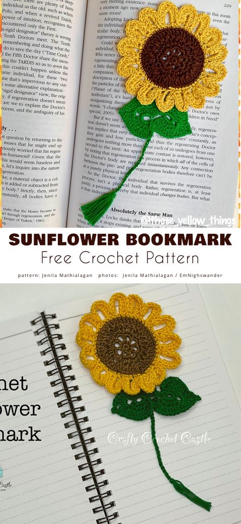 Sunflower Bookmark Crochet Pattern Free, Crochet Book Marks Free Pattern, Crochet Sunflower Bookmark, Crochet Book Marks, Bookmark Crochet Tutorial, Crocheted Bookmarks, Crochet Flower Bookmark, Household Crochet, Sunflower Bookmark