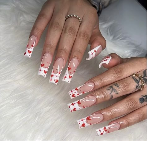 Vday Nails, Valentines Day Nails, Red Acrylic Nails, February Nails, Nail Designs Valentines, Colored Acrylic Nails, Long Acrylic Nails Coffin, Acrylic Nails Coffin Pink, Long Square Acrylic Nails