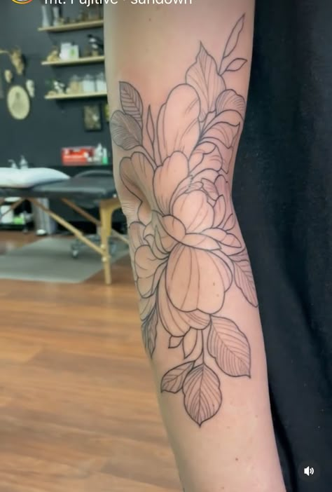 Peony Tattoo Elbow, Peony Forearm Tattoo, Peony Arm Tattoo, Flower Arm Sleeve Tattoo, Elbow Tattoo Ideas, Inner Elbow Tattoo, Inner Elbow Tattoos, Peony Flower Tattoos, Elbow Tattoos