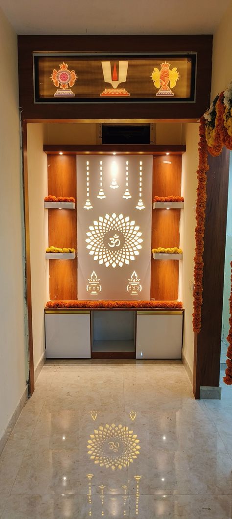 Pooja Room Design Modern Indian, Deoghar Design, Devudi Room Designs Small, Interior Design For Pooja Room, Wooden Pooja Room Design, Modern Pooja Room Design Indian Homes, Puja Mandir Design Home In Usa, Pvc Pooja Room Design, Indian Hall Decor