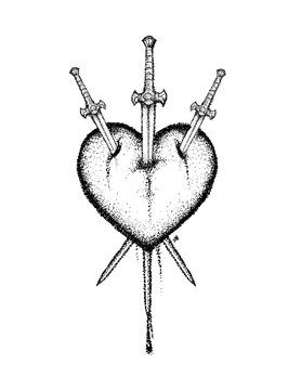 Pierced Heart Drawing, 3 Of Swords Reversed Tattoo, Heart With 3 Swords Tattoo, Three Of Swords Tattoo Fine Line, 3 Of Swords Tarot Tattoo, Heart Swords Tattoo, Heart Swords Tattoo Ideas, Three Of Hearts Tattoo, Heart With Three Swords Tattoo