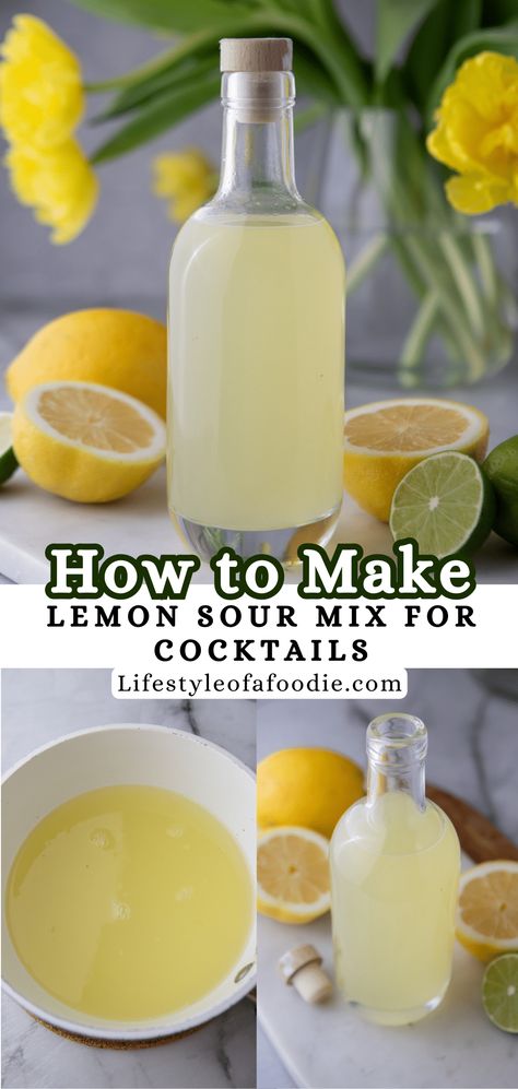 Learning how to make homemade lemon sour mix is as easy as can be! It is a great addition to your bar or for a party for family and friends. Homemade Sour Mix Recipe, Homemade Sour Mix, Lemon Drop Recipe, Sour Drink, Whiskey Smash, Diy Cocktails, Sour Foods, Cocktail Ideas, Fruit Dessert Recipes