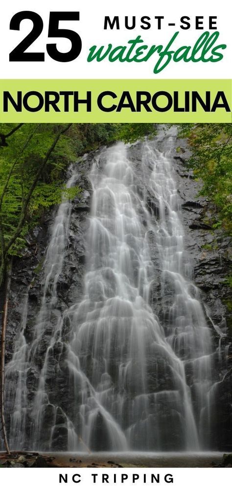 These are the 25 best waterfalls in North Carolina! Hike to these beautiful NC waterfalls and enjoy them all year round. Some are difficult hikes, while others are roadside. best waterfalls in NC | hiking in North Carolina | North Carolina | things to do in North Carolina | North Carolina waterfalls North Carolina Waterfalls Map, Hiking North Carolina, Hikes In North Carolina, Waterfalls In North Carolina, North Carolina Nature, Aurora Landscape, North Carolina Hiking, Nc Waterfalls, Nc Travel