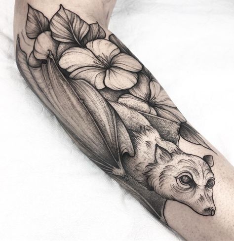 Flying Fox Tattoo, Bat Tattoo Arm, Fox Bat, Flying Fox, Bat Tattoo, Fox Tattoo, Cover Up Tattoo, Black Ink Tattoos, Blackwork Tattoo