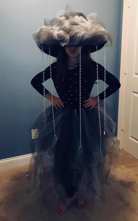 Stormy Rain Cloud Costume (No Sew!) Rain Storm Costume, Black Cloud Halloween Costume, Cloud Hat Costume, Weather Halloween Costumes, Storm Cloud Costume, Night Sky Costume, Elegant Halloween Costume, Rain Cloud Costume, Rain Costume