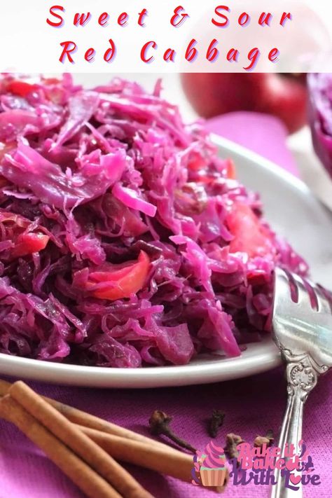 Sweet and sour red cabbage is an incredibly versatile German dish that can be used as a condiment or side dish! It pairs amazingly with turkey, pork, chicken, bratwurst, and ham! As an added bonus, the leftovers are delicious both hot and cold! BakeItWithLove.com #bakeitwithlove #sweet #sour #redcabbage #cabbage #german #side #condiment Sweet And Sour Red Cabbage Recipes, Christmas Smorgasbord, Sweet And Sour Red Cabbage, Potluck Sides, Smoked Beef Roast, German Cabbage, German Red Cabbage, Roasted Red Cabbage, Leftover Pork Roast