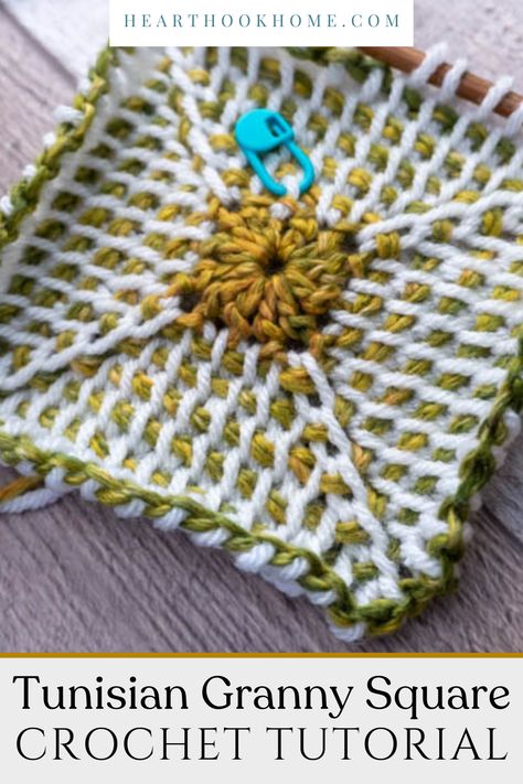 Do you love Tunisian Cochet? You'll LOVE this Tunsiain Crochet Granny Square tutorial! Make as many of these as you like to connect them into a blanket, bag, or cardigan. Learn how to make a Tunsian Granny Square with this full tutorial. Mitered Granny Square Crochet Pattern, Tunisian In The Round, Mosaic Granny Square Crochet Pattern, Moss Stitch Square, Tunisian Crochet Blanket, Double Ended Crochet, Crochet Granny Square Tutorial, Blanket Bag, One Skein Crochet